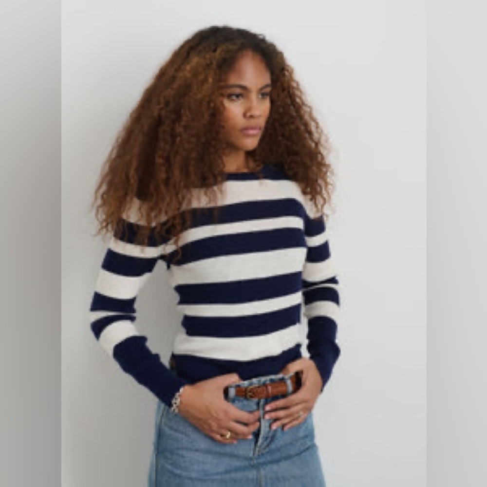Alex Mill NWT Ava Navy Striped extra Fine Merino Wool Sweater Tee Top Timeless S - Picture 2 of 8